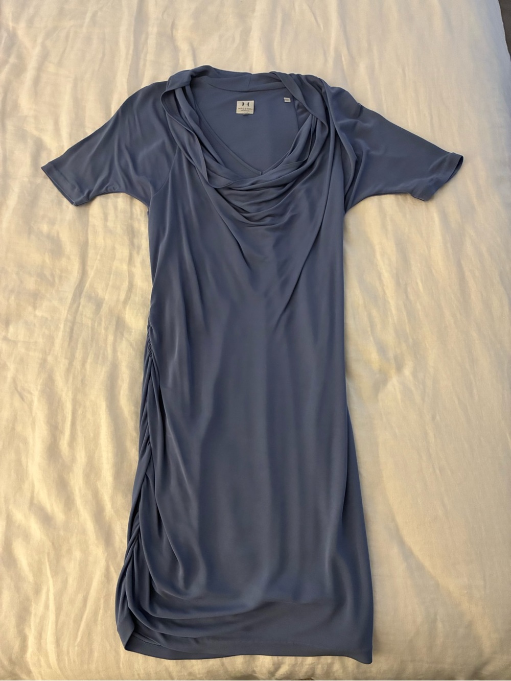 Halston Heritage Slate Blue Draped Cowl Midi Dress